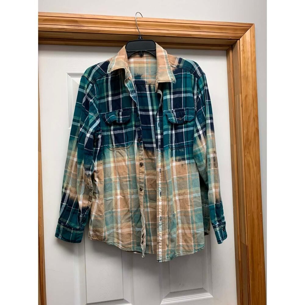 Plaid Button Down Shirt Womens Large Bleached Distressed Flannel Teal Overshirt